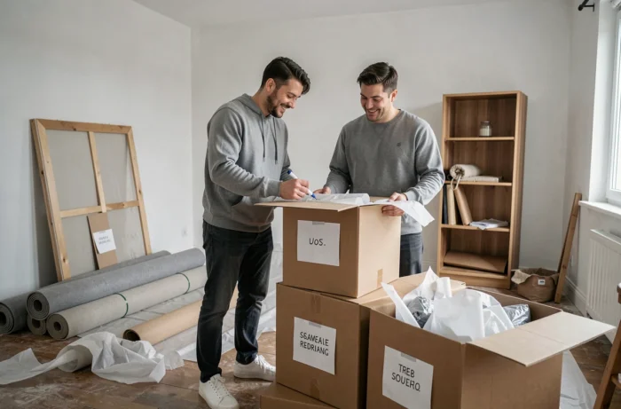 Couple emballant des affaires fragiles dans des cartons étiquetés dans un salon en cours de déménagement