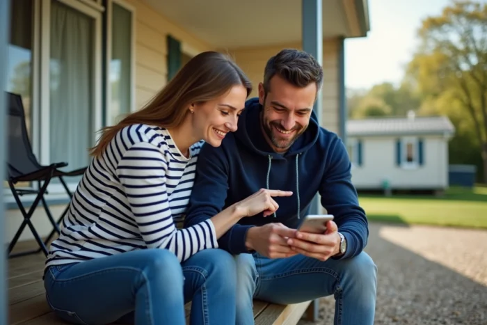 Couple consultant leur espace SibluConnect sur smartphone devant leur mobil-home en camping
