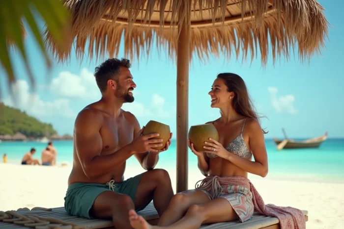 Couple profitant de la plage en Guadeloupe en matinée sous un parasol en feuilles de palmier avec des noix de coco