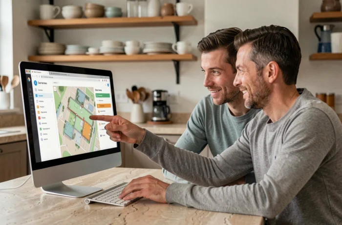 Couple utilisant un ordinateur pour naviguer dans le plan du site d'un portail immobilier depuis leur cuisine