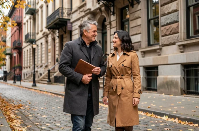 Un homme et une femme élégamment vêtus marchent ensemble dans une rue pavée de Montréal en automne, symbolisant une relation complice entre deux personnalités publiques