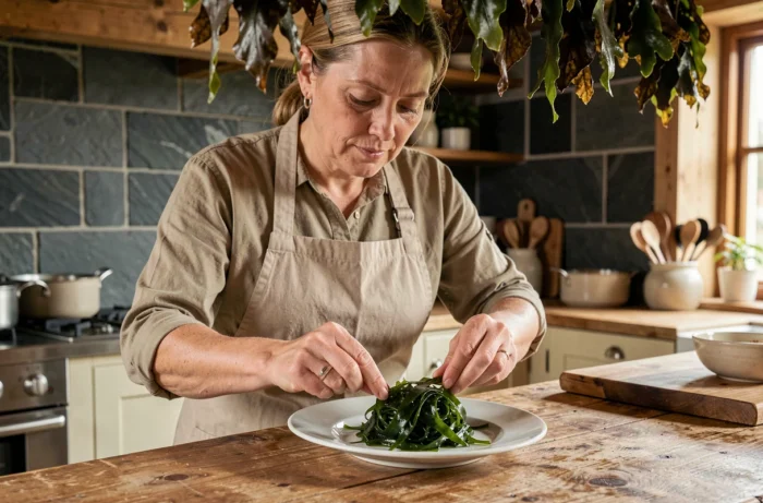 Cheffe bretonne dressant un plat aux algues marines sur une assiette en céramique blanche dans une cuisine rustique aux murs en ardoise
