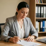 Femme consultant des documents administratifs liés à l'immatriculation d'un véhicule à son bureau