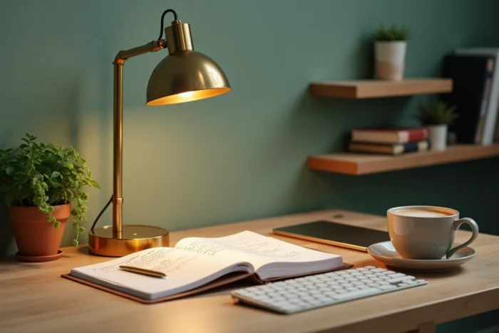 Détail d'un coin bureau soigneusement décoré avec journal, plante pothos, mug et lampe en laiton sur un bureau en chêne clair