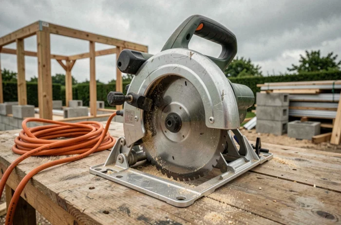 Gros plan sur la scie circulaire Tacklife 2000W posée sur un établi de chantier avec ses détails mécaniques visibles