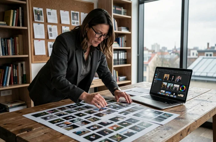 Directrice artistique analysant des planches contact et des photos RAW sur un bureau de post-production lors d'un shooting professionnel