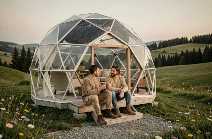 Couple installé devant un dôme géodésique transparent dans un paysage de campagne, séjour insolite sous les étoiles en pleine nature