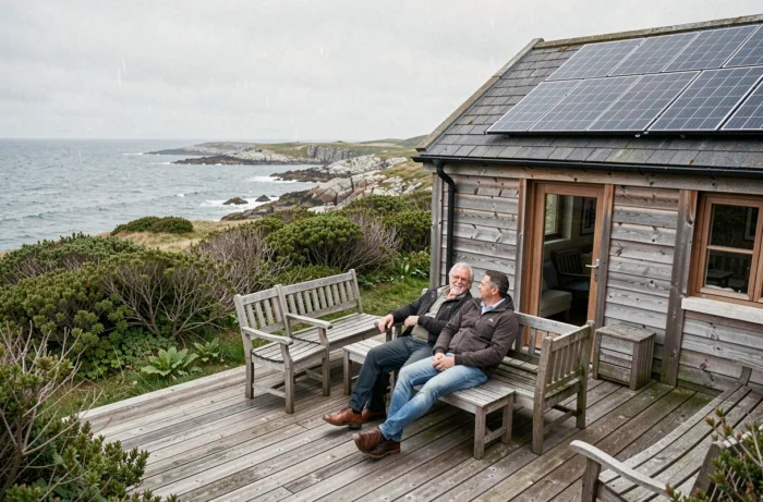 Couple se relaxant sur la terrasse en bois d'un écogîte breton sur une île, avec vue sur la mer et panneaux solaires visibles sur le toit