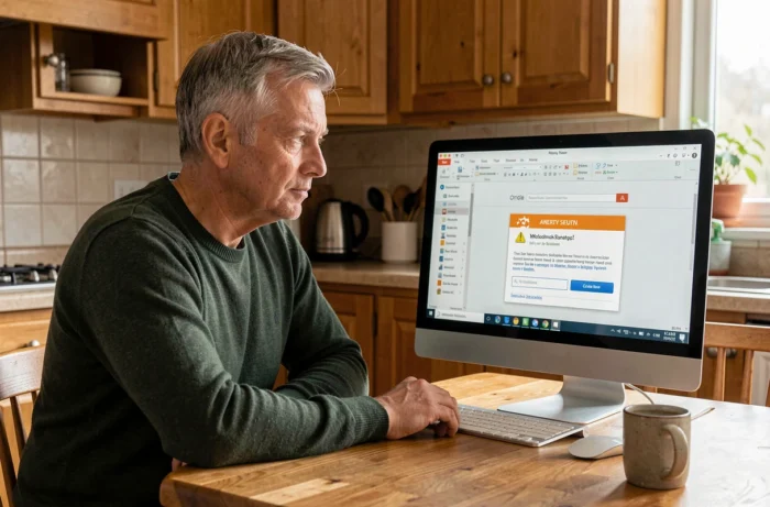 Homme mûr lisant le contenu d'un email masqué par une alerte de sécurité sur son ordinateur dans sa cuisine