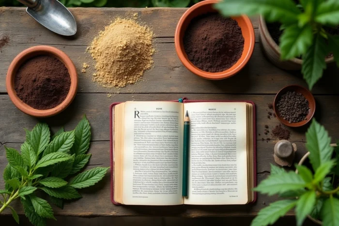 Vue aérienne d'un assortiment d'engrais naturels pour potager disposés sur une table en bois de jardin avec un carnet botanique