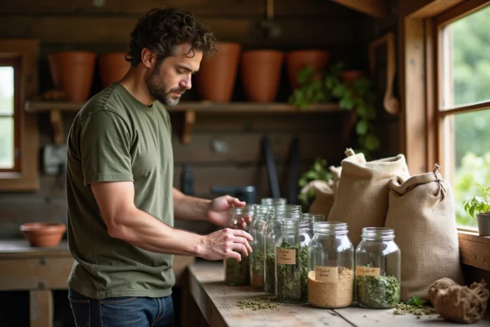 Homme dans un abri de jardin comparant différents engrais naturels comme les cendres de bois et les algues séchées