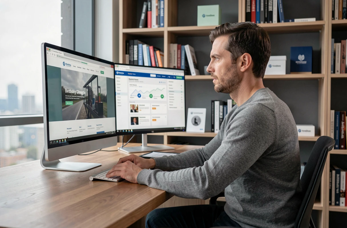 Entrepreneur consultant analysant une campagne publicitaire digitale sur double écran dans un bureau moderne à domicile