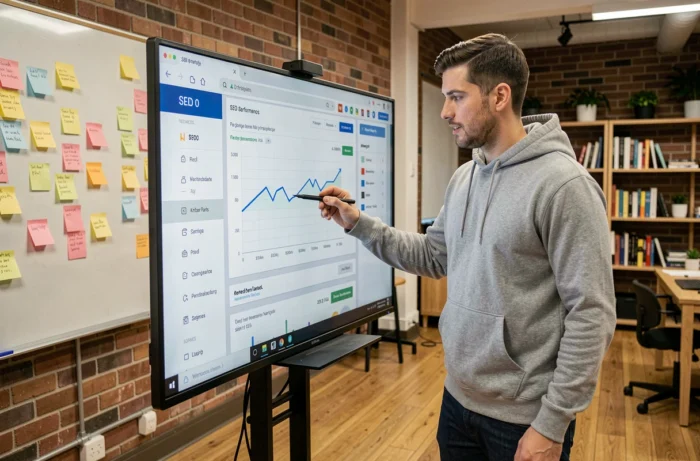 Entrepreneur présentant un rapport SEO sur un grand écran tactile dans un espace de coworking moderne pour optimiser la présence en ligne de son entreprise