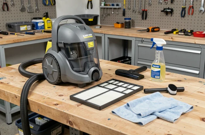 Aspirateur Karcher WD4 avec filtre propre et accessoires de nettoyage disposés sur un établi d'atelier bien rangé
