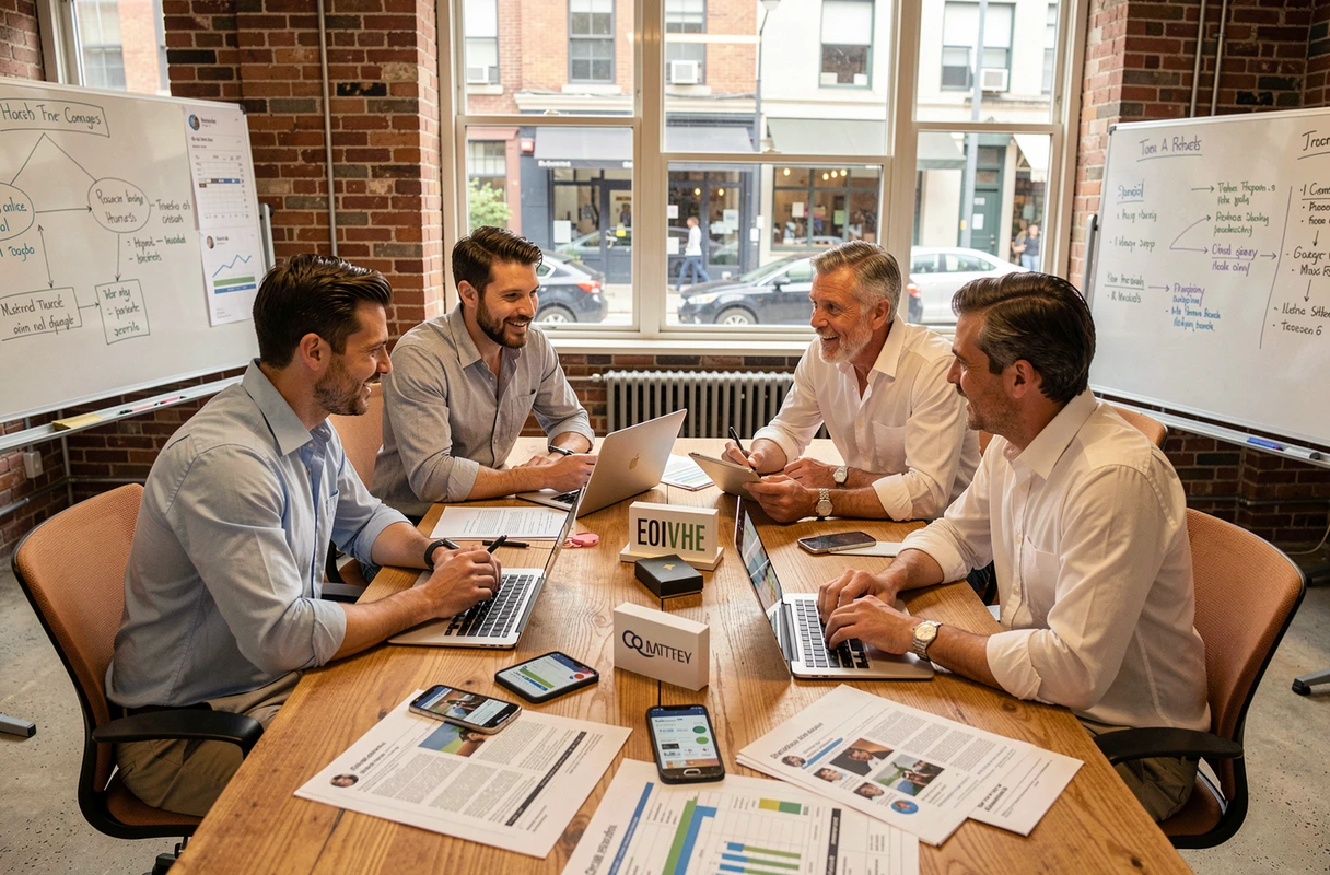 Équipe marketing en réunion de brainstorming autour de stratégies médias innovantes dans un espace de coworking urbain