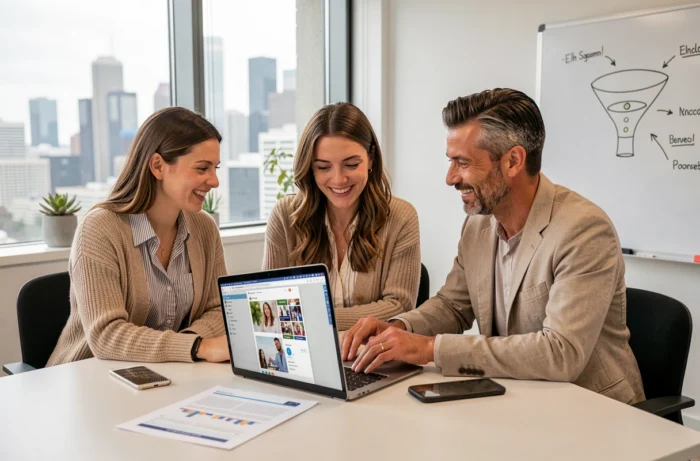 Équipe de trois professionnels collaborant sur une stratégie de marketing numérique autour d'un ordinateur portable dans une salle de réunion moderne avec vue sur la ville