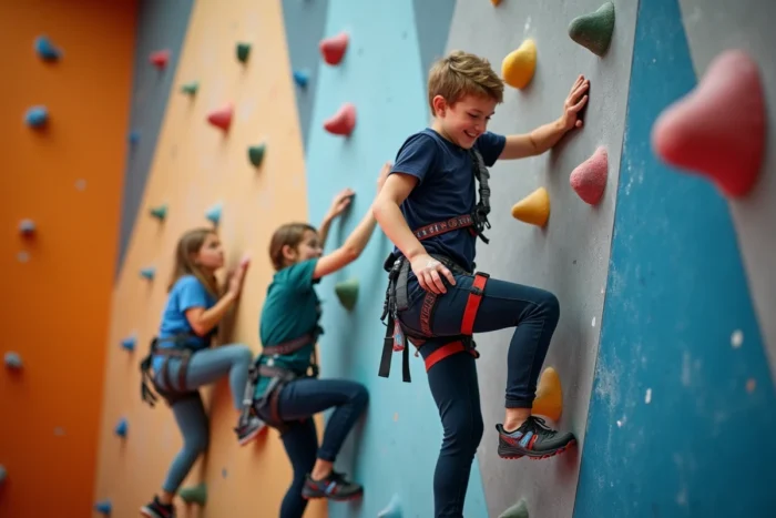 Adolescents pratiquant l'escalade sur un mur intérieur dans une salle de sport à Quimper