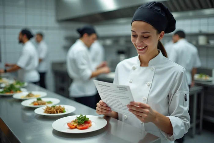 Jeune étudiante en cuisine découvrant un compliment écrit sur sa fiche d'évaluation dans une école culinaire professionnelle