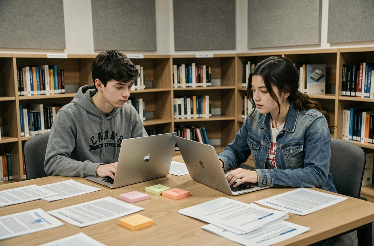 Deux étudiants collaborant sur un projet d'apprentissage à distance dans une bibliothèque universitaire moderne