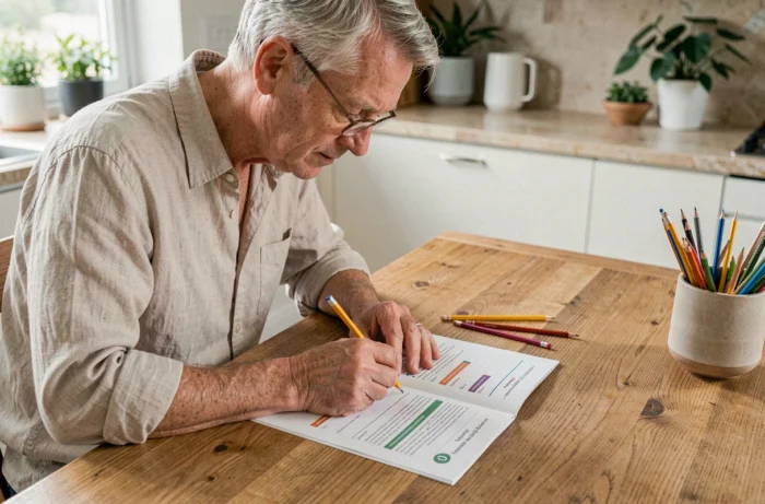 Homme âgé réalisant des exercices cognitifs à domicile pour stimuler la mémoire