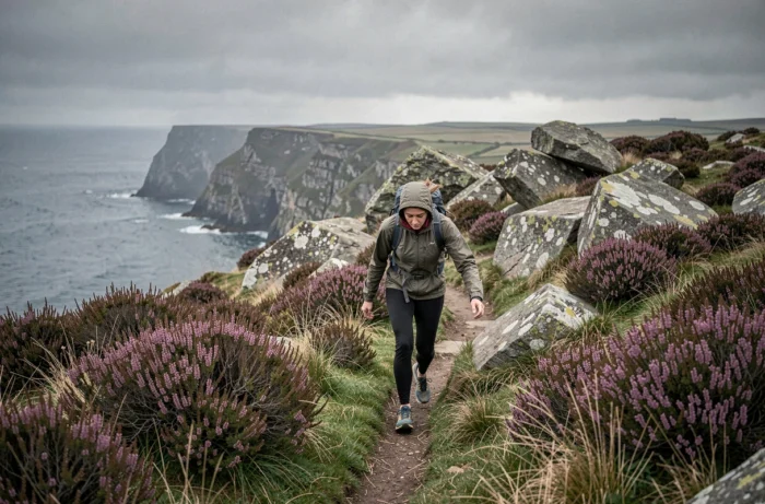 Randonneuse explorant un sentier non balisé de la presqu'île de Crozon parmi la lande et les rochers de granit face à une falaise côtière