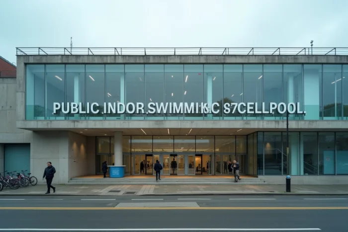 Façade extérieure de la piscine Jules Verne à Nantes avec des nageurs se dirigeant vers l'entrée