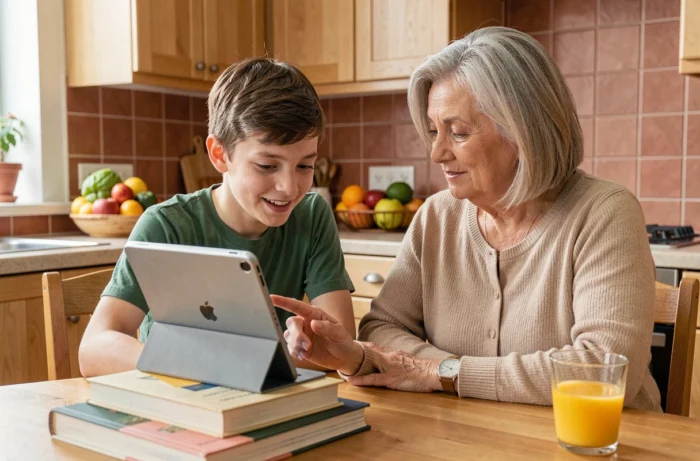 Mère et fils découvrant ensemble une plateforme de streaming sur une tablette dans la cuisine