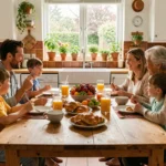 Famille multigénérationnelle réunie autour d'un petit-déjeuner convivial dans une cuisine chaleureuse, illustrant une vie de famille épanouie au quotidien