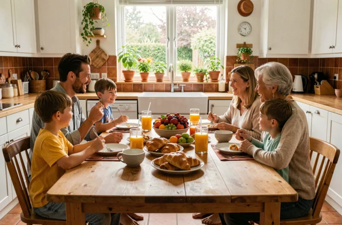 Famille multigénérationnelle réunie autour d'un petit-déjeuner convivial dans une cuisine chaleureuse, illustrant une vie de famille épanouie au quotidien