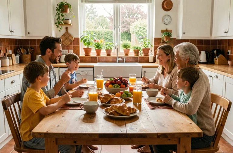 Famille multigénérationnelle réunie autour d'un petit-déjeuner convivial dans une cuisine chaleureuse, illustrant une vie de famille épanouie au quotidien