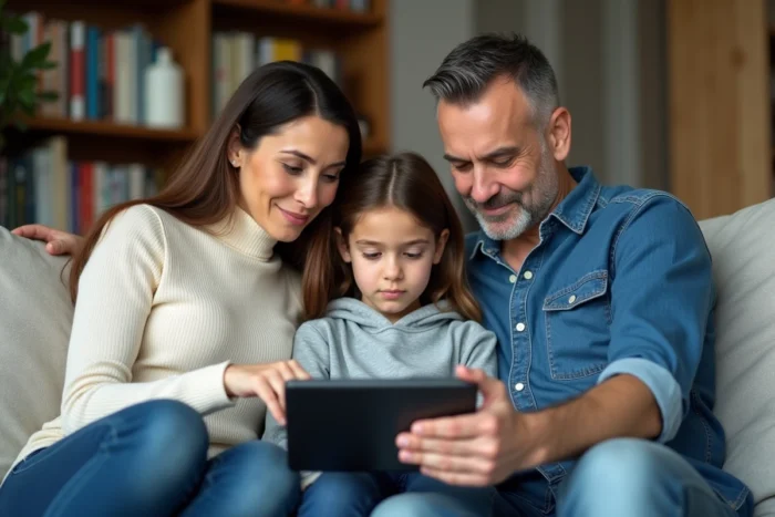 Deux parents et leur adolescent réunis sur un canapé autour d'une tablette, illustrant le dialogue familial et le soutien parental au bien-être