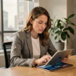 Femme consultant l'actualité du jour sur une tablette dans un bureau moderne, illustrant l'information quotidienne