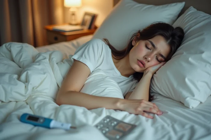 Jeune femme alitée avec thermomètre et médicaments sur la table de chevet, symptômes d'infection virale au repos