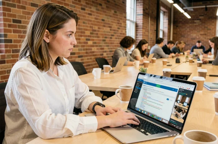 Femme développeuse web qui analyse du code HTML dans un espace de coworking avec les outils de développement du navigateur ouverts