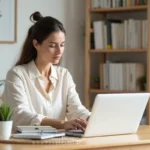 Femme aménageant un espace de travail minimaliste en bois avec plantes et ordinateur portable dans un bureau à domicile lumineux
