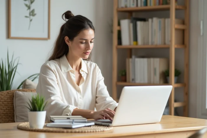 Femme aménageant un espace de travail minimaliste en bois avec plantes et ordinateur portable dans un bureau à domicile lumineux