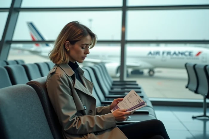 Femme consultant sa carte d'embarquement et son passeport à la porte d'embarquement Air France