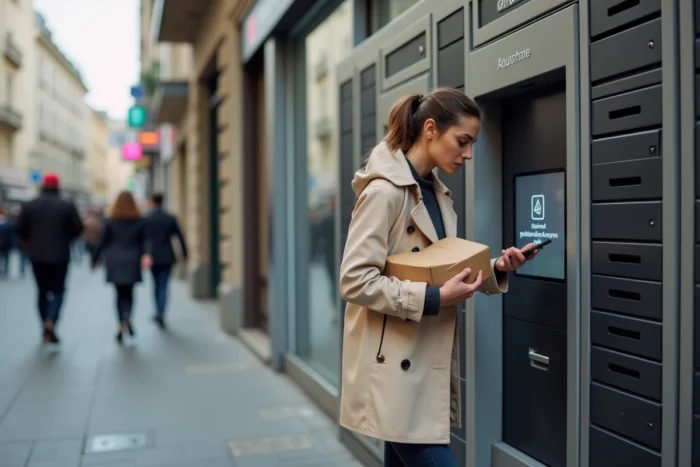 Femme devant un casier Vinted Go hors service affichant une erreur sur écran tactile en ville