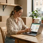 Femme consultant une liste de déménagement sur ordinateur portable entourée de cartons emballés dans un appartement moderne