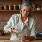 Femme versant de l'alcool à 90° dans un bocal en verre pour la conservation maison de fruits