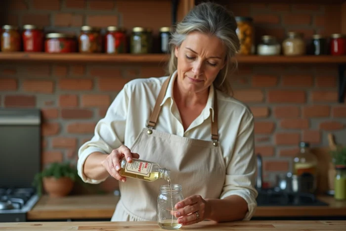 Femme versant de l'alcool à 90° dans un bocal en verre pour la conservation maison de fruits