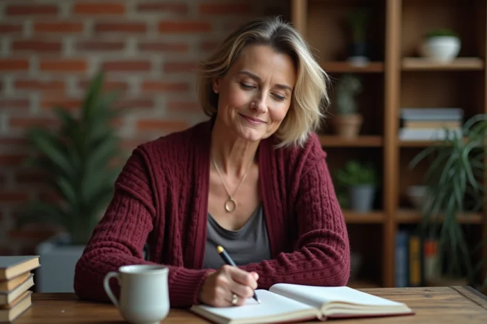Femme écrivant dans un journal intime à son bureau en bois, technique d'écriture expressive pour arrêter de trop réfléchir