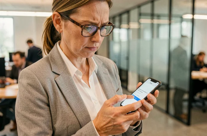 Femme d'affaires accédant à un email sécurisé masqué sur son smartphone dans un bureau professionnel