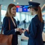 Femme présentant son passeport à l'agent Air France au comptoir d'enregistrement avec son nom d'épouse
