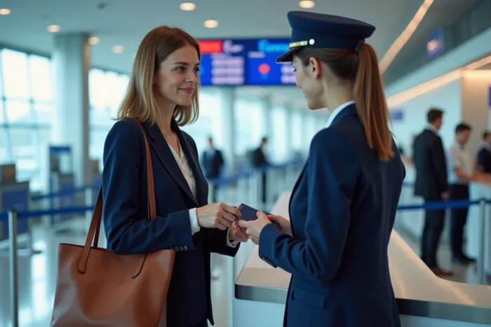 Femme présentant son passeport à l'agent Air France au comptoir d'enregistrement avec son nom d'épouse