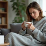 Femme adulte fatiguée enveloppée dans une couverture tenant une tasse de tisane, symptômes d'infection virale à la maison
