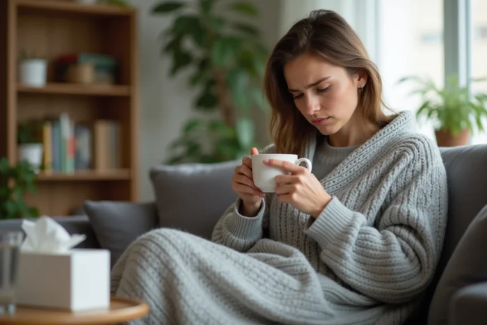 Femme adulte fatiguée enveloppée dans une couverture tenant une tasse de tisane, symptômes d'infection virale à la maison
