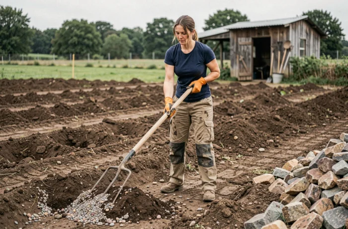 Femme utilisant une fourche à bêcher pour tamiser et retirer les cailloux d'un potager en terre brute