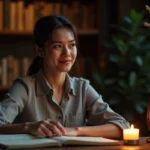 Femme contemplant une horloge analogique affichant 23h13 dans un bureau chaleureux, symbolisant la signification spirituelle de cette heure miroir