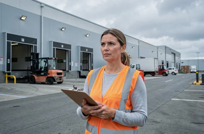 Femme intérimaire en gilet de sécurité devant un entrepôt industriel prête pour une mission temporaire